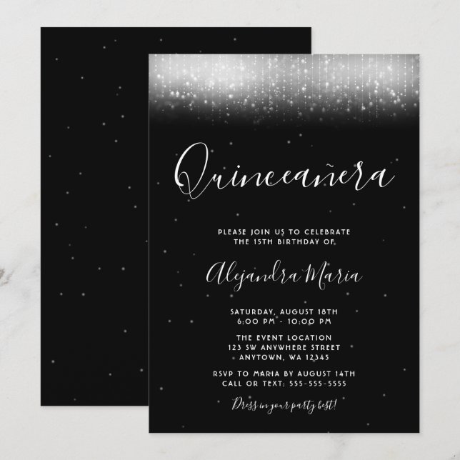 Invitation Glam Quinceañera noir et blanc (Devant / Derrière)