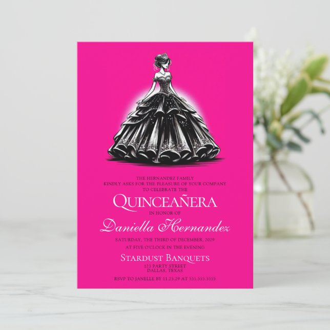 Invitation Glam Quinceañera noir et rose (Debout devant)