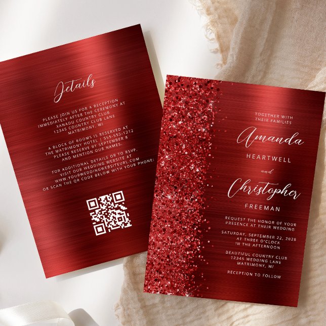 Invitation Glam Red Brushed Metal QR Code Wedding (Créateur téléchargé)
