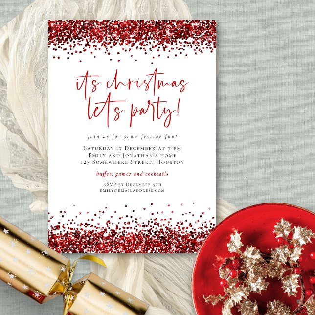 Invitation Glam Red Parties scintillant Noël Lets Party (Créateur téléchargé)