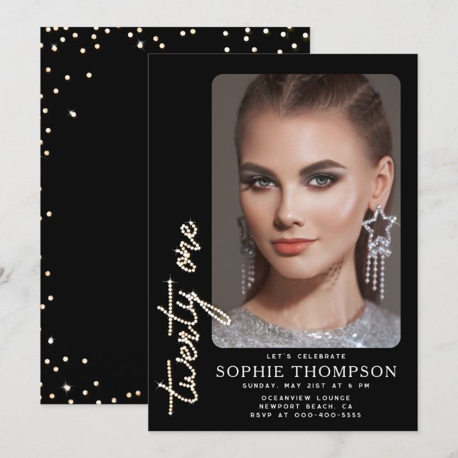 Invitation Glam Rhinestones Black White Photo 21e anniversair (Devant / Derrière)