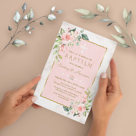 Invitation Glam rose Fleurs blanches or Marbre Jumeaux Baptêm
