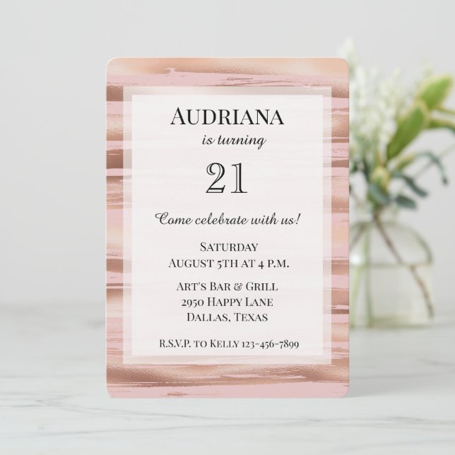 Invitation Glam Rose Gold Blush Stripes Anniversaire (Debout devant)