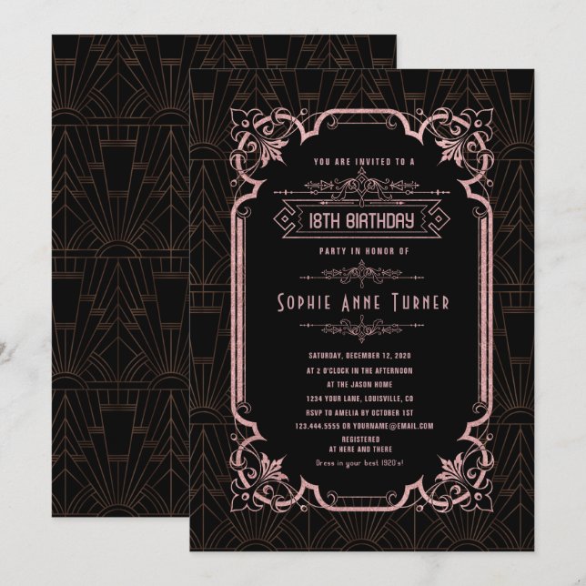 Invitation Glam Rose Gold Great Gatsby 18e anniversaire (Devant / Derrière)