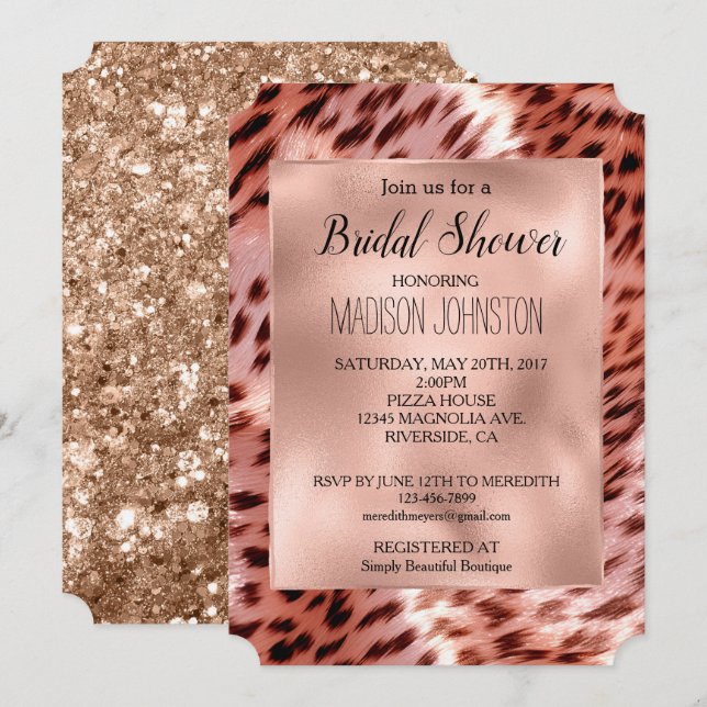 Invitation Glam Rose Gold Léopard Mariage Fête (Devant / Derrière)