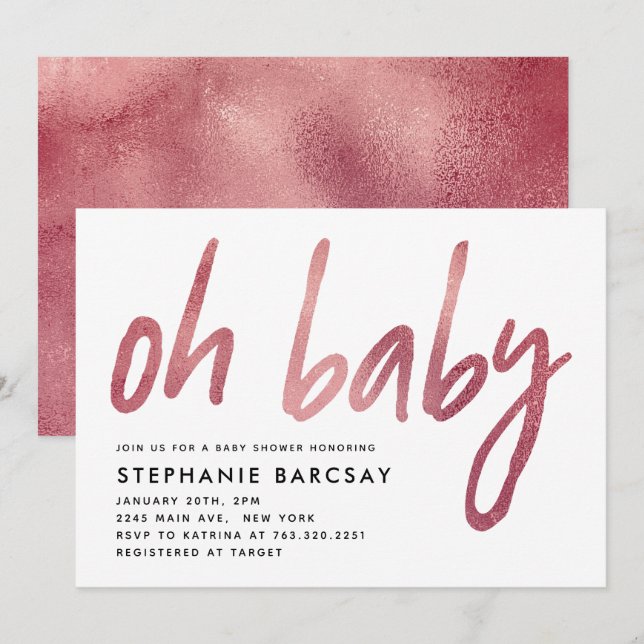 Invitation Glam Rose Gold Oh Baby shower (Devant / Derrière)