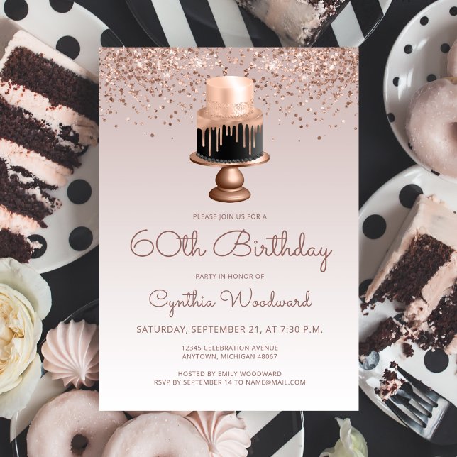 Invitation Glam Rose Gold Parties scintillant gâteau 60e fête (Créateur téléchargé)