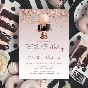 Invitation Glam Rose Gold Parties scintillant gâteau 90e fête