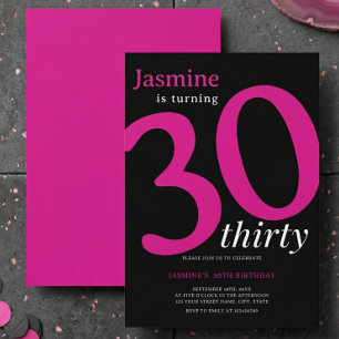 Invitation Glam Rose Noir Chic 30 ans Fête d'anniversaire 