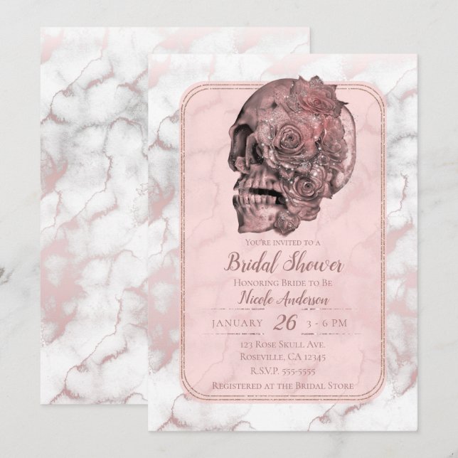 Invitation Glam Rose or rose crâne Fête des mariées en marbre (Devant / Derrière)