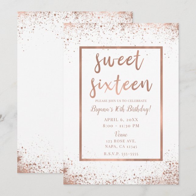 Invitation Glam rose or rose Moderne Chic Sweet 16 (Devant / Derrière)