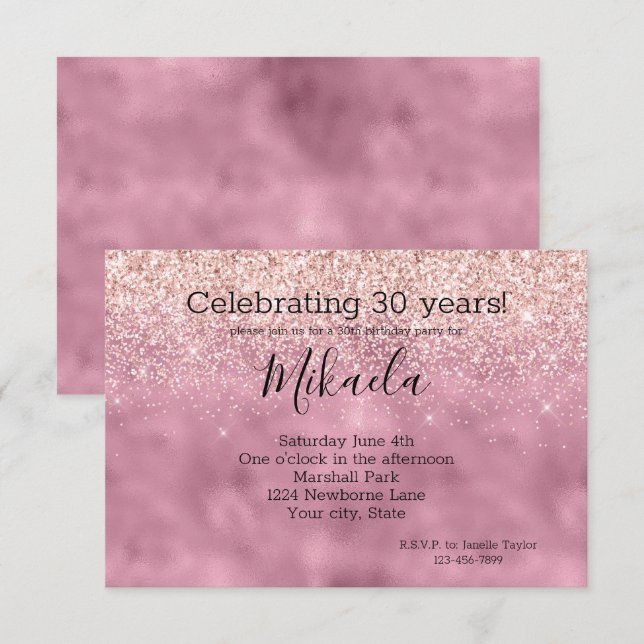 Invitation Glam rose Parties scintillant brillante (Devant / Derrière)
