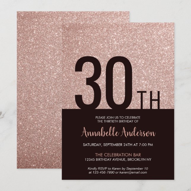 Invitation Glam rose rose rose rose or étincelle 30e annivers (Devant / Derrière)