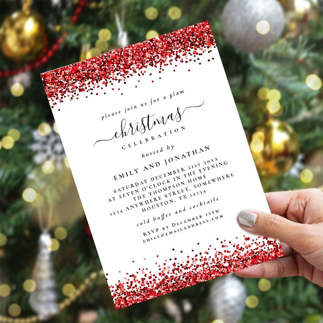 Invitation Glam Rouge Parties scintillant Noël Blanc (Available digitally and printed)