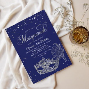 Invitation Glam Royal Bleu Parties scintillant argent Masquer
