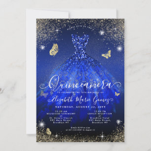 Invitation Glam Royal Blue Gold Parties scintillant Gown Quin