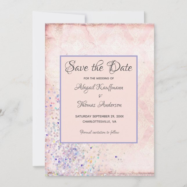 Invitation Glam Shabby Chic Rose Blanc Violet Étincelles (Devant)