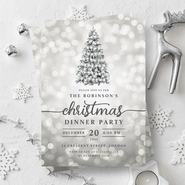 Invitation Glam Silver Pine Tree Lumières Noël (Glam Silver Pine Tree Lights Christmas Party Invitation)