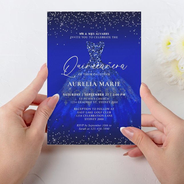 Invitation Glam Silver Royal Blue Princess Robe Quinceanera (Créateur téléchargé)