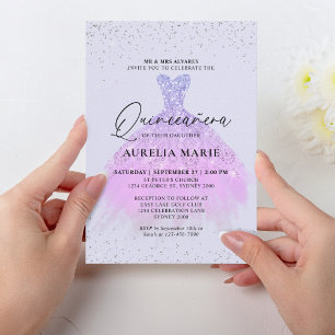 Invitation Glam Sparkle Gold Lilac Princesse Robe Quinceanera
