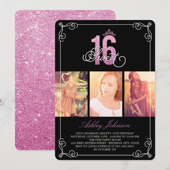 Invitation Glam Sucré rose 16 Photo Anniversaire (Devant / Derrière)