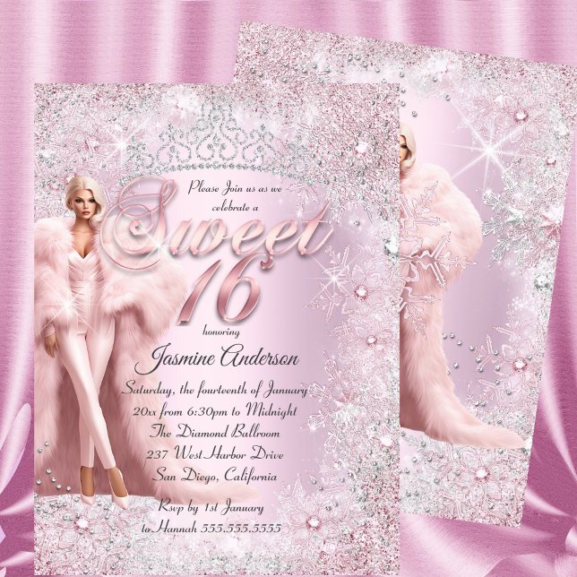 Invitation Glam Sweet 16 Pink Silver Winter Wonderland Tiara (Créateur téléchargé)