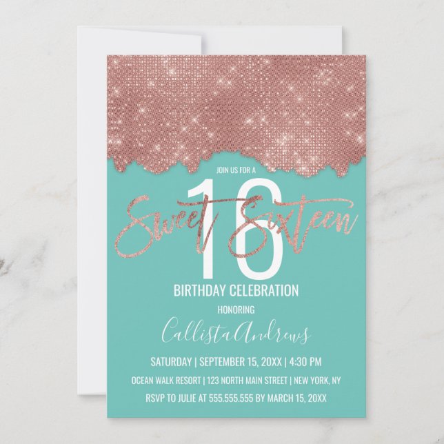 Invitation Glam Turquoise Rose or Parties scintillant couleur (Devant)
