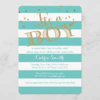 Glam Turquoise Rugby Stripe Boy Baby shower Invita