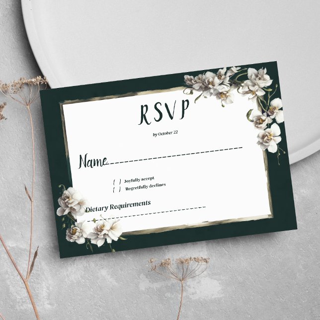 Invitation Glam vert foncé or blanc orchidée fleur RSVP (Glam dark green gold white orchid flower RSVP)
