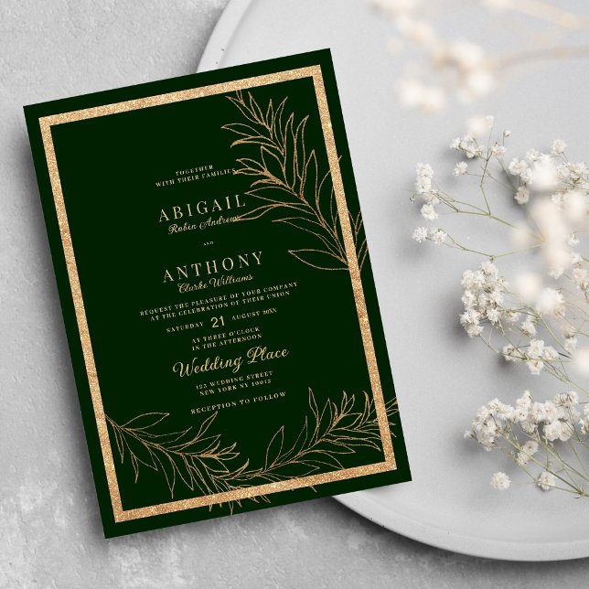 Invitation Glam vert foncé or parties scintillant feuille Mar (Glam dark green gold glitter leaf floral Wedding)