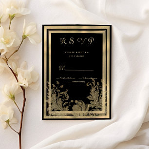 Invitation Glam vintage or noir dentelle florale RSVP