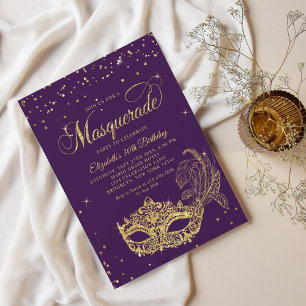 Invitation Glam Violet Gold Parties scintillant Masquerade An