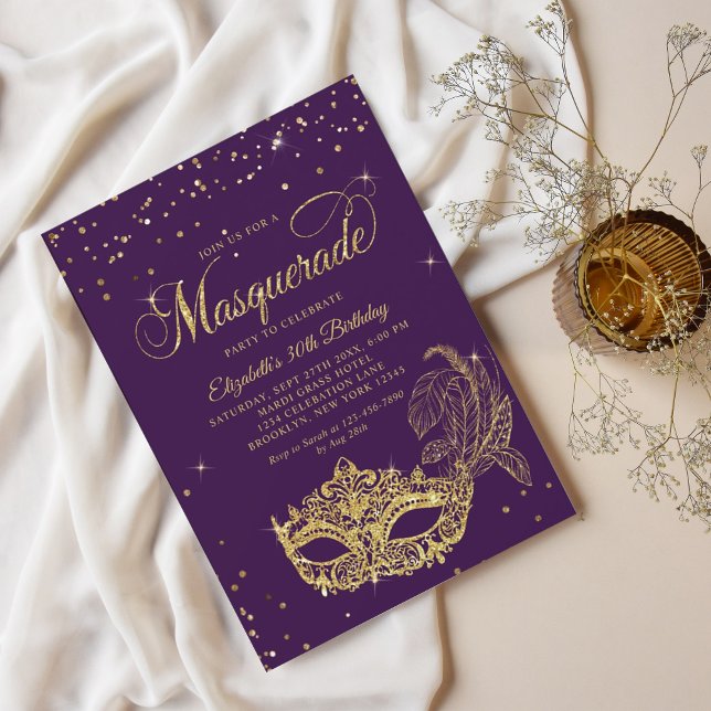 Invitation Glam Violet Gold Parties scintillant Masquerade An (Créateur téléchargé)