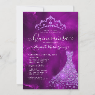 Invitation Glam violet violet diamant Tiara robe Quinceanera