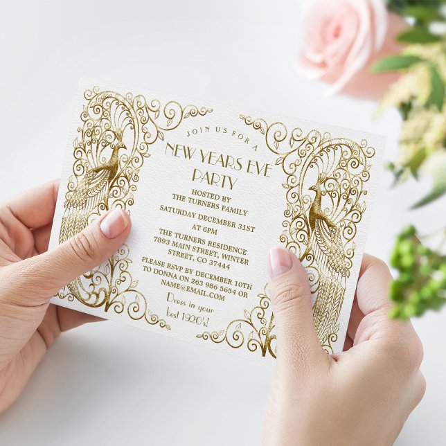 Invitation Glam White Gold Art Déco Peacocks Nouvel An (New Years eve party invitation, gold peacock Art Deco new year party invite, trendy peacock new year)