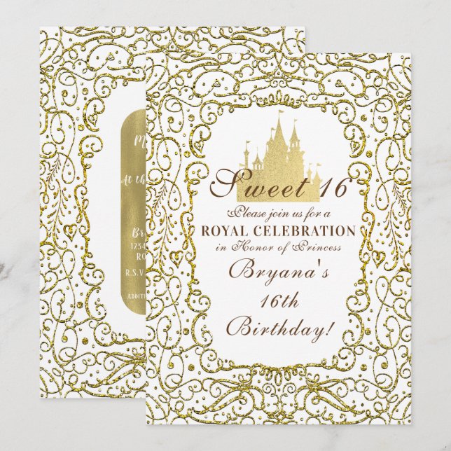 Invitation Glam White & Gold Royal Castle Princess Sweet 16 (Devant / Derrière)
