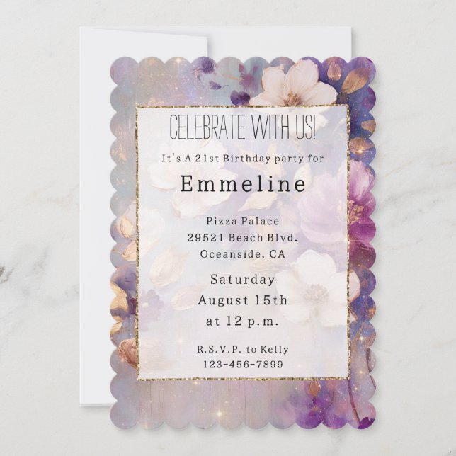 Invitation Glamme d'or blanc Floral violet (Devant)