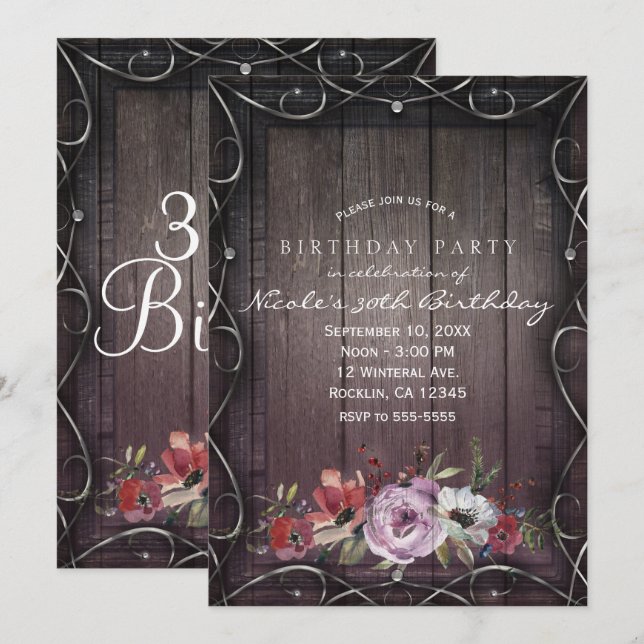 Invitation Glamor rustique Grange Bois & Fête Florale (Devant / Derrière)