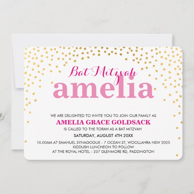 Invitation GLAMOROUS BAT MITZVAH rustique en or confetti rose (Devant)