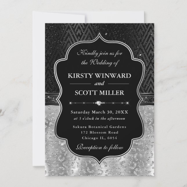 Invitation Glamorous Black Silver Leopard Spots Wedding (Devant)
