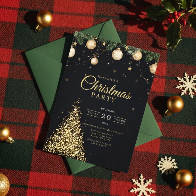 Invitation Glamorous Gold Christmas Tree Party Invite (Modern Holiday Invitation)