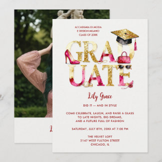 Invitation Glamorous Hot Pink Gold Glitter Grad Fashion Photo