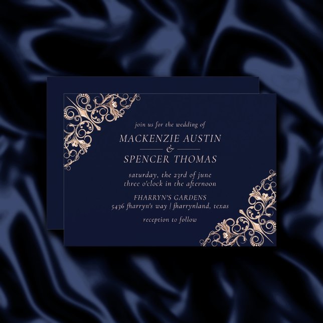 Invitation Glamour Art déco | Mariage or Rose bleu marine (Créateur téléchargé)