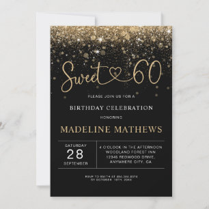 Invitation Glamour Black and Gold Heart Sweet 60 Anniversaire