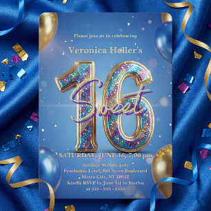 Invitation Glamour Bleu Royal Ballons Anniversaire 16 Ans Suc