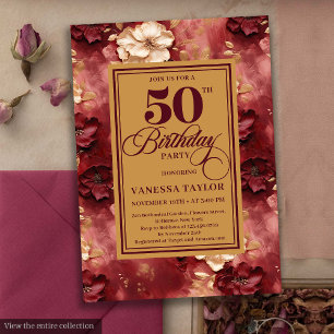 Invitation Glamour bordeaux roux roses 50e anniversaire