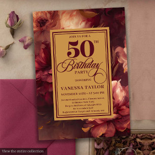 Invitation Glamour bordeaux roux roses 50e anniversaire