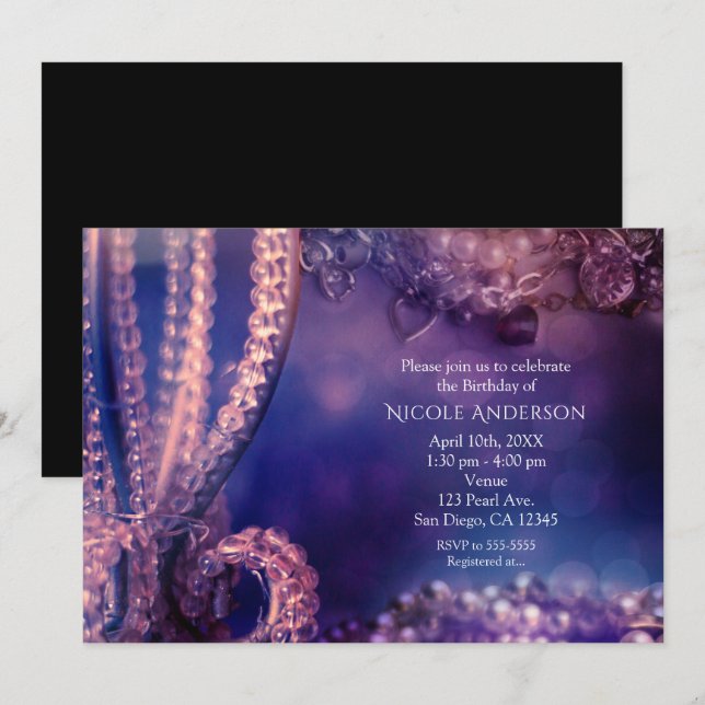 Invitation Glamour Chic Violet Éclatant Perles (Devant / Derrière)
