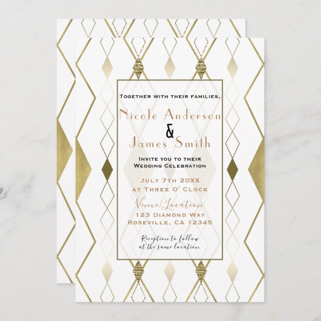 Invitation Glamour Diamant Blanc & Or Mariage Classique Moder (Devant / Derrière)
