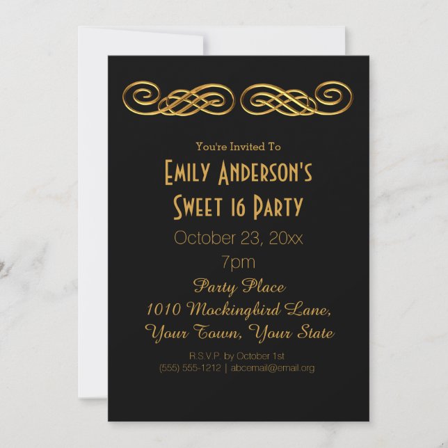 Invitation Glamour d'or noir thème Sweet 16 Anniversaire (Devant)